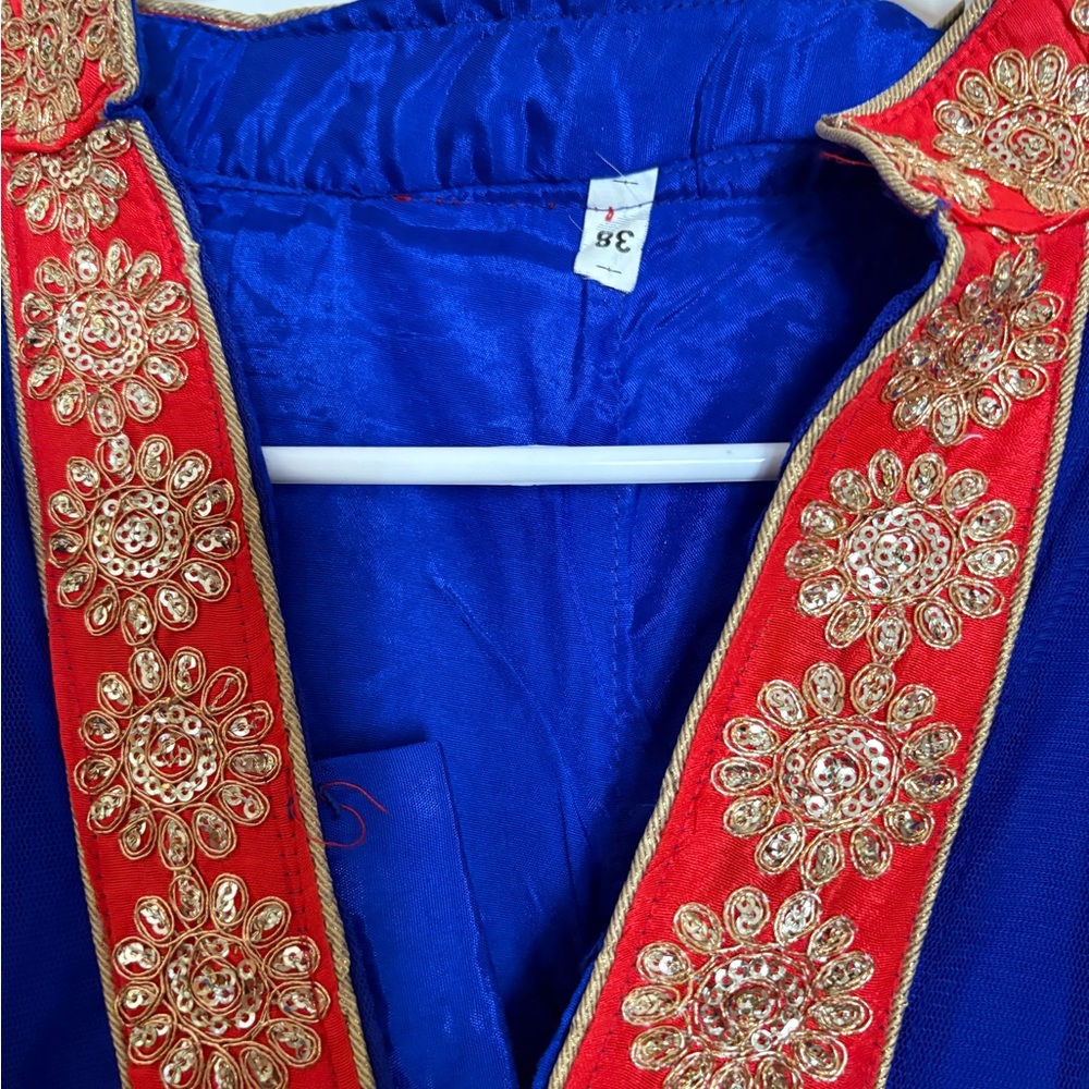 Stunning 3 piece Blue Anarkali Suit with Red & Gold Embroidery | Aprx Size Small - Picture 4 of 11